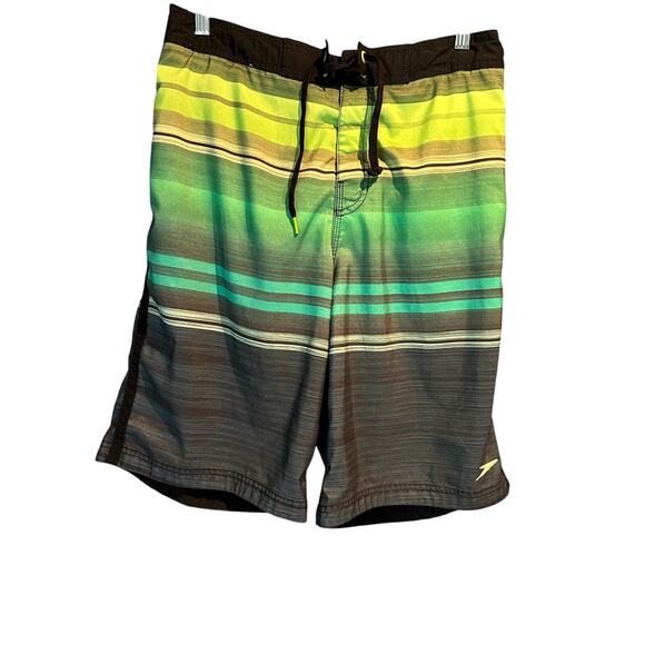 Speedo Striped Swimming Trunks Men's Size Medium Grey Lime Green Summer Vacation - Picture 1 of 9